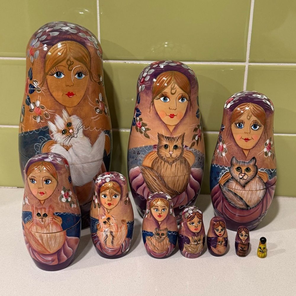 Cat Lady Vintage Hand Painted Wood Nesting Dolls - Woman Holding Cat (10 Dolls)